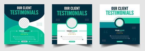 modello di banner web per post sui social media con testimonianze di feedback dei clienti. testimonianze dei clienti modello di progettazione di banner post sui social media con colore verde vettore