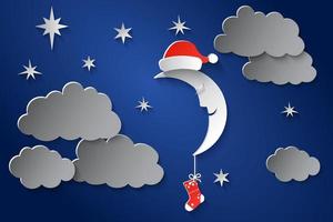 il Luna nel berretto di Santa Claus e con un' calzino nel il notte stellato cielo. carta arte stile. eps10 vettore