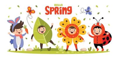 primavera stagione con cartone animato bambini vettore