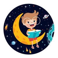 ragazzo seduta su Luna e lettura libro vettore