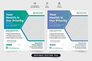 speciale medico trattamento sociale media inviare con blu e verde colori. clinico assistenza sanitaria promozionale modello design con medico strutture. ospedale medico trattamento pubblicità manifesto vettore. vettore