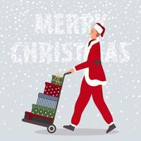 contento uomo con Natale i regali su carrello elevatore. maschio indossare nel Santa Claus Abiti su neve sfondo allegro Natale concetto. vettore illustrazione