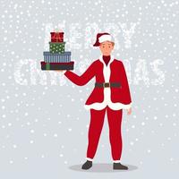 contento uomo con Natale i regali. maschio indossare nel Santa Claus Abiti su neve sfondo allegro Natale concetto. vettore illustrazione