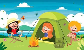 cartone animato bambini campeggio a natura vettore