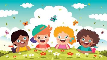 bambini dei cartoni animati sdraiati sull'erba vettore