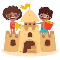 bambini giocando con sabbia castello vettore