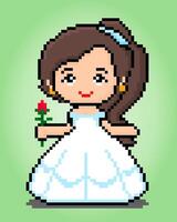 Ragazza pixel a 8 bit con fiori, pixel principessa per risorse di gioco e schemi a punto croce nelle illustrazioni vettoriali. vettore