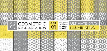 impostato di geometrico senza soluzione di continuità modello nel finale grigio, illuminante giallo. etnico ornamento. ripetendo astratto struttura con linea, poligono e stella per sfondo, ragnatela luogo sfondo, sfondo, tessile vettore