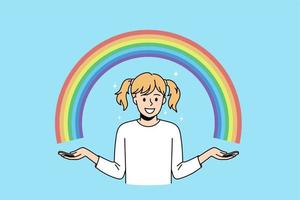 godendo naturale arcobaleno colori concetto. piccolo sorridente ragazza in piedi e mostrando colorato arcobaleno con Due mani al di sopra di blu aria sfondo vettore illustrazione