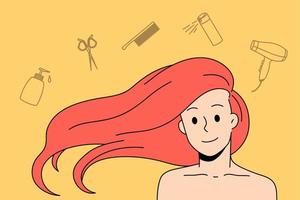 capelli cura e bellezza concetto. ritratto di sorridente ragazza con rosso capelli e cura utensili asciugatrice forbici maschera shampoo sopra vettore illustrazione
