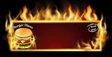 annuncio di menu hamburger cornice fiammeggiante vettore