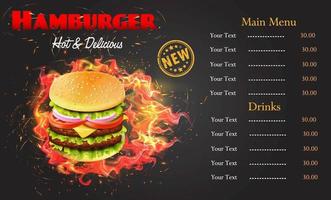 modello di menu hamburger fiammeggiante vettore