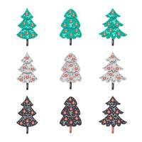 alberi di Natale piatti disegnati a mano con decorazioni vettore
