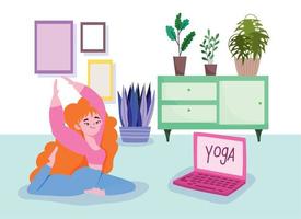 in linea yoga, donna su pavimento con il computer portatile praticante yoga nel camera vettore