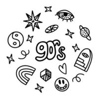 un' impostato di scarabocchio disegni di mano. nero e bianca elementi nel il stile di il anni 90. schizzo 1990, Sorridi, arcobaleno, occhio vettore