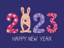 contento nuovo anno congratulazione striscione. piatto vacanza illustrazione con lepre e manoscritto frase su blu sfondo. 2023 anno. vettore