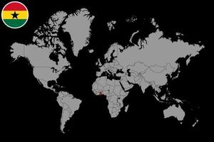 mappa pin con bandiera del ghana sulla mappa del mondo. illustrazione vettoriale. vettore