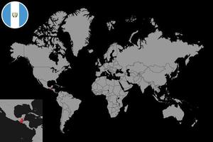 mappa pin con bandiera guatemala sulla mappa del mondo. illustrazione vettoriale. vettore