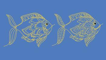 disegnato a mano vettore scarabocchi.a impostato di Due decorativo pesce disegnato con un' linea.