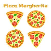 divertente carino contento Pizza margherita personaggi fascio impostare. vettore mano disegnato scarabocchio stile cartone animato personaggio illustrazione icona design. carino Pizza margherita portafortuna personaggio collezione