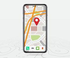 mobile carta geografica GPS, smartphone carta geografica applicazione e rosso Pinpoint su schermo, App ricerca carta geografica navigazione, isolato su linea mappe sfondo, vettore illustrazione per grafico design
