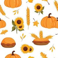 senza soluzione di continuità autunno modello con girasoli, Grano orecchie, zucca, torta e giallo le foglie bianca sfondo. vettore