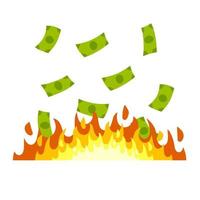 i soldi è su fuoco. concetto di il economico crisi. il fiamma e il ardente di il banconote. perdita di Contanti. cartone animato piatto illustrazione isolato su bianca vettore