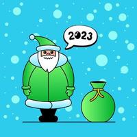carino cartone animato verde kawaii Santa Claus personaggio per Natale e contento nuovo anno 2023 celebrazione manifesto. regalo Borsa e neve dolce saluto carta. vettore natale su discorso bolla ispirazione eps