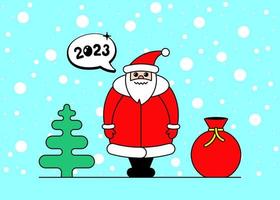 carino cartone animato kawaii Santa Claus personaggio per Natale e contento nuovo anno 2023 celebrazione. regalo Borsa abete rosso e neve su blu dolce inverno vacanze saluto carta. vettore eps ispirazione illustrazione