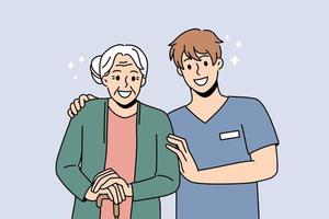sorridente maschio badante con contento anziano donna paziente nel assistenza infermieristica casa. cura infermiera o medico con positivo vecchio nonna nel la pensione Casa. bene scadenza. piatto vettore illustrazione.