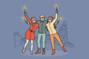 felicissimo diverso amici rilassare all'aperto con luci celebrare nuovo anno insieme. sorridente giovane persone avere divertimento godere Natale inverno vacanze. celebrazione, vacanza. vettore illustrazione.