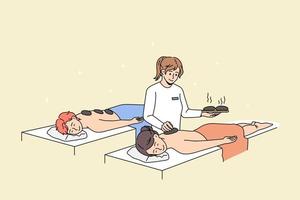 calma coppia rilassare avere caldo pietra massaggio terapia nel terme insieme. contento uomo e donna riposo godere corpo cura procedure nel salone o estetico clinica. bellezza e cosmetologia. vettore illustrazione.