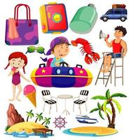 set di icona spiaggia estiva e stile cartone animato per bambini vettore