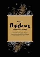 allegro Natale e contento nuovo anno verticale design con mano disegnato d'oro sempreverde rami su nero sfondo. vettore illustrazione nel schizzo stile