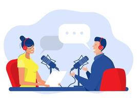 concetto di podcast, amico e donna parlando o Podcast presentatori con un' microfono parlando vivere nel studio. vettore piatto illustrazione