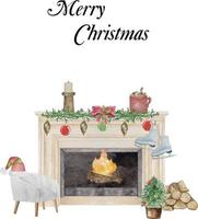 acquerello illustrazione di moderno camino con calzini, arredamento, Natale albero, candela, palle i regali, ghirlanda. contento nuovo anno decorazione. allegro Natale vacanza. vettore