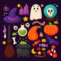 Halloween elementi impostare, carino mano disegnato cartone animato stile. strega cappello, calderone, scopa, pozione, pipistrello, ragno, caramella, fantasma, osso, cranio, occhio, etichetta, candela. vettore illustrazione