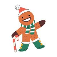 carino sorridente Pan di zenzero uomo indossare tradizionale Santa cappello, sciarpa e stivali vettore