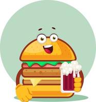 hamburger è Tenere un' bicchiere di birra, illustrazione, vettore su bianca sfondo.
