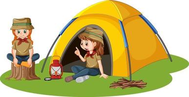 ragazze seduta nel campeggio tenda isolato vettore