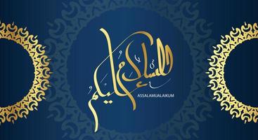 Arabo calligrafia assalamualaikum con d'oro colore e blu classico sfondo, tradotto come, Maggio il pace, misericordia e benedizioni di Dio essere su voi vettore