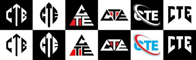 cte lettera logo design nel sei stile. cte poligono, cerchio, triangolo, esagono, piatto e semplice stile con nero e bianca colore variazione lettera logo impostato nel uno tavola da disegno. cte minimalista e classico logo vettore