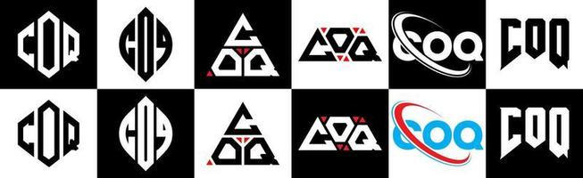 coq lettera logo design nel sei stile. coq poligono, cerchio, triangolo, esagono, piatto e semplice stile con nero e bianca colore variazione lettera logo impostato nel uno tavola da disegno. coq minimalista e classico logo vettore