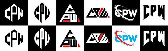 cpw lettera logo design nel sei stile. cpw poligono, cerchio, triangolo, esagono, piatto e semplice stile con nero e bianca colore variazione lettera logo impostato nel uno tavola da disegno. cpw minimalista e classico logo vettore