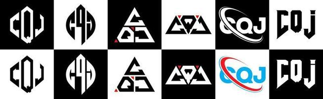 cqj lettera logo design nel sei stile. cqj poligono, cerchio, triangolo, esagono, piatto e semplice stile con nero e bianca colore variazione lettera logo impostato nel uno tavola da disegno. cqj minimalista e classico logo vettore
