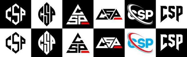 csp lettera logo design nel sei stile. csp poligono, cerchio, triangolo, esagono, piatto e semplice stile con nero e bianca colore variazione lettera logo impostato nel uno tavola da disegno. csp minimalista e classico logo vettore