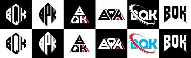 bqk lettera logo design nel sei stile. bqk poligono, cerchio, triangolo, esagono, piatto e semplice stile con nero e bianca colore variazione lettera logo impostato nel uno tavola da disegno. bqk minimalista e classico logo vettore