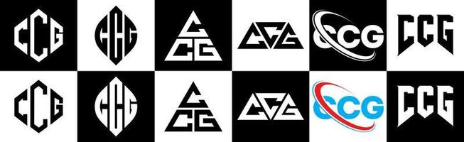 ccg lettera logo design nel sei stile. ccg poligono, cerchio, triangolo, esagono, piatto e semplice stile con nero e bianca colore variazione lettera logo impostato nel uno tavola da disegno. ccg minimalista e classico logo vettore