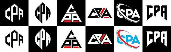 cpa lettera logo design nel sei stile. cpa poligono, cerchio, triangolo, esagono, piatto e semplice stile con nero e bianca colore variazione lettera logo impostato nel uno tavola da disegno. cpa minimalista e classico logo vettore