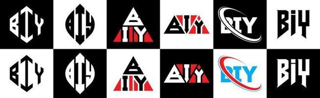 biy lettera logo design nel sei stile. biy poligono, cerchio, triangolo, esagono, piatto e semplice stile con nero e bianca colore variazione lettera logo impostato nel uno tavola da disegno. biy minimalista e classico logo vettore